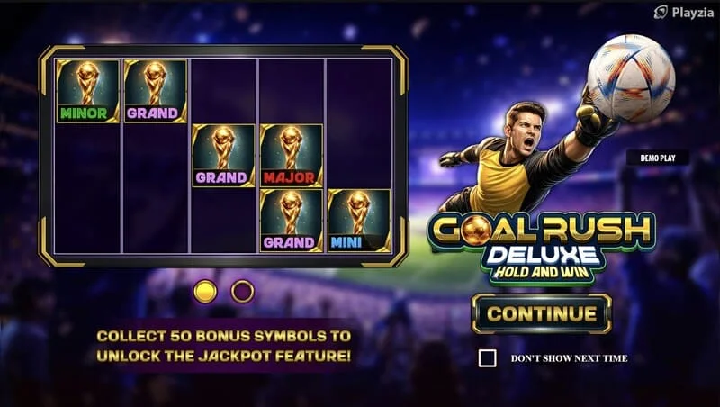 Goal Rush Deluxe - Hauptmenü mit Walzen und Stadiontribünen